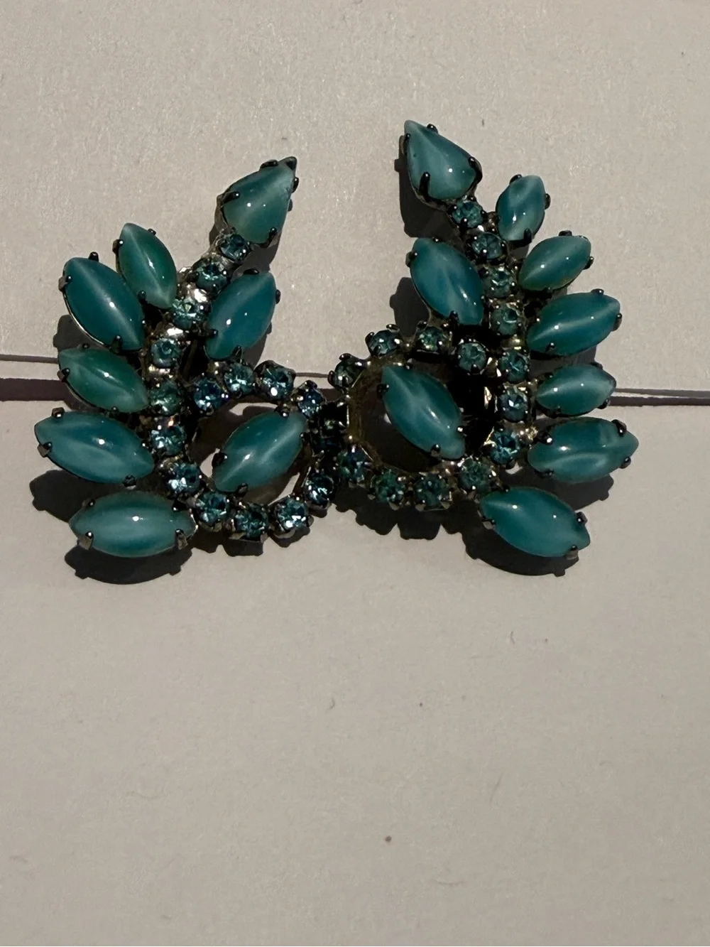 Vintage 1950s Blue Milk Glass Marquise Clip On Earrings Rhinestone Leaf Spray